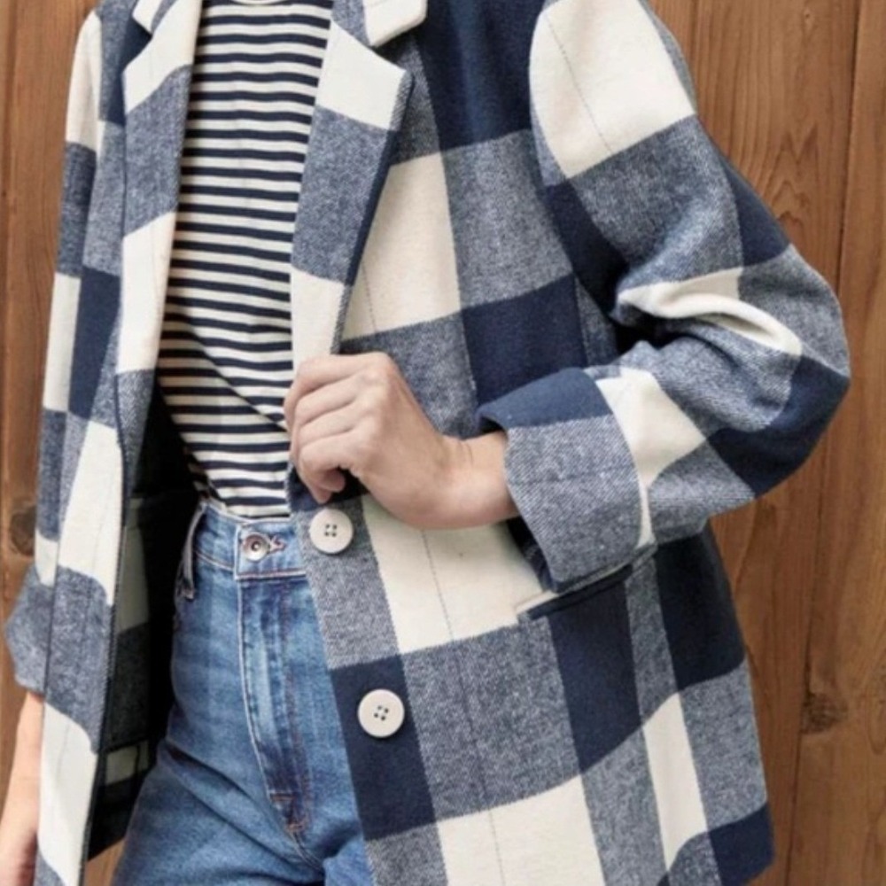 Splendid Collection Blazer Womens XS Ricki Flannel Plaid Navy White Jacket